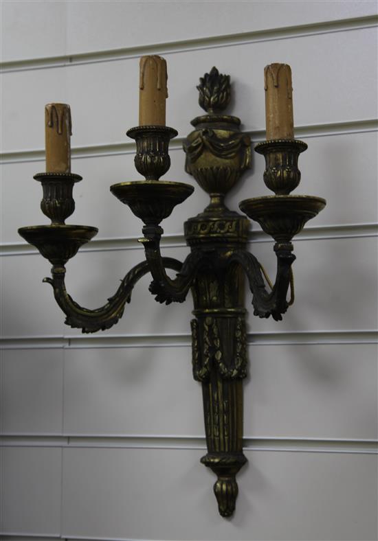 A pair of Louis XVI style ormolu wall lights, 17.25in.